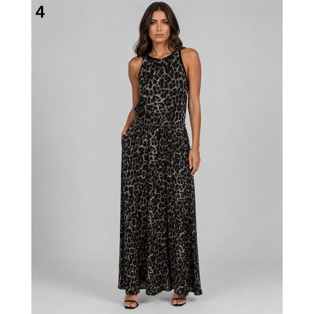 SLNY Leopard Print Halter Maxi Dress Beaded Metallic Brown Womens 14 Pockets NEW